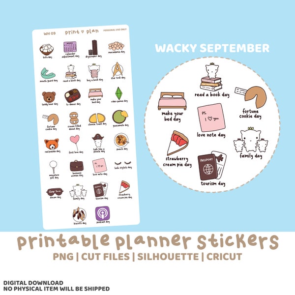 Wacky September Printable Stickers | Digital Planner Sticker Download | Cut Lines | Planner Sticker Printable | WH09