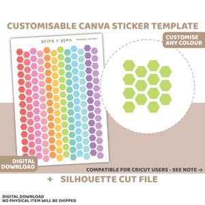 May include: A digital download sticker template with a rainbow honeycomb pattern. The template is customizable and compatible with Cricut users. Text includes "Customisable Canva Sticker Template", "Digital Download", and "Silhouette Cut File".