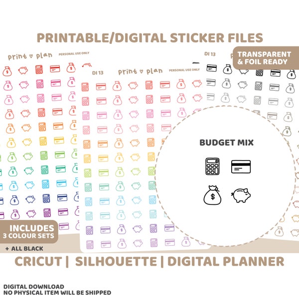 Budget Icon Printable Stickers | Digital Planner Sticker Download | Cut Lines | Planner Sticker Printable | DI13