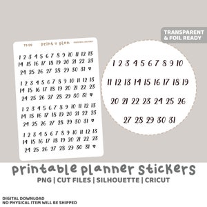 Pegatinas imprimibles con letras finas de la fecha 1 a 31 / Pegatinas para planificador digital / Líneas de corte / Pegatinas para planificador imprimibles / TS09