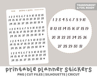 Date 1-31 Printable Thin Script Word Stickers | Digital Planner Sticker Download | Cut Lines | Planner Sticker Printable | TS09