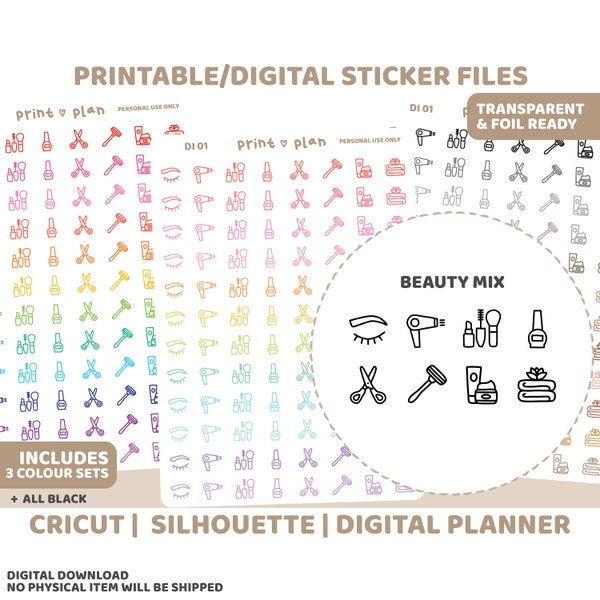 Beauty Icon Printable Stickers | Digital Planner Sticker Download | Cut Lines | Planner Sticker Printable | DI01