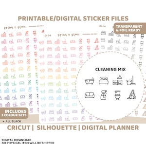 Afdrukbare stickers schoonmaakpictogram | Digitale plannersticker downloaden | Snijlijnen | Plannersticker afdrukbaar | DI04