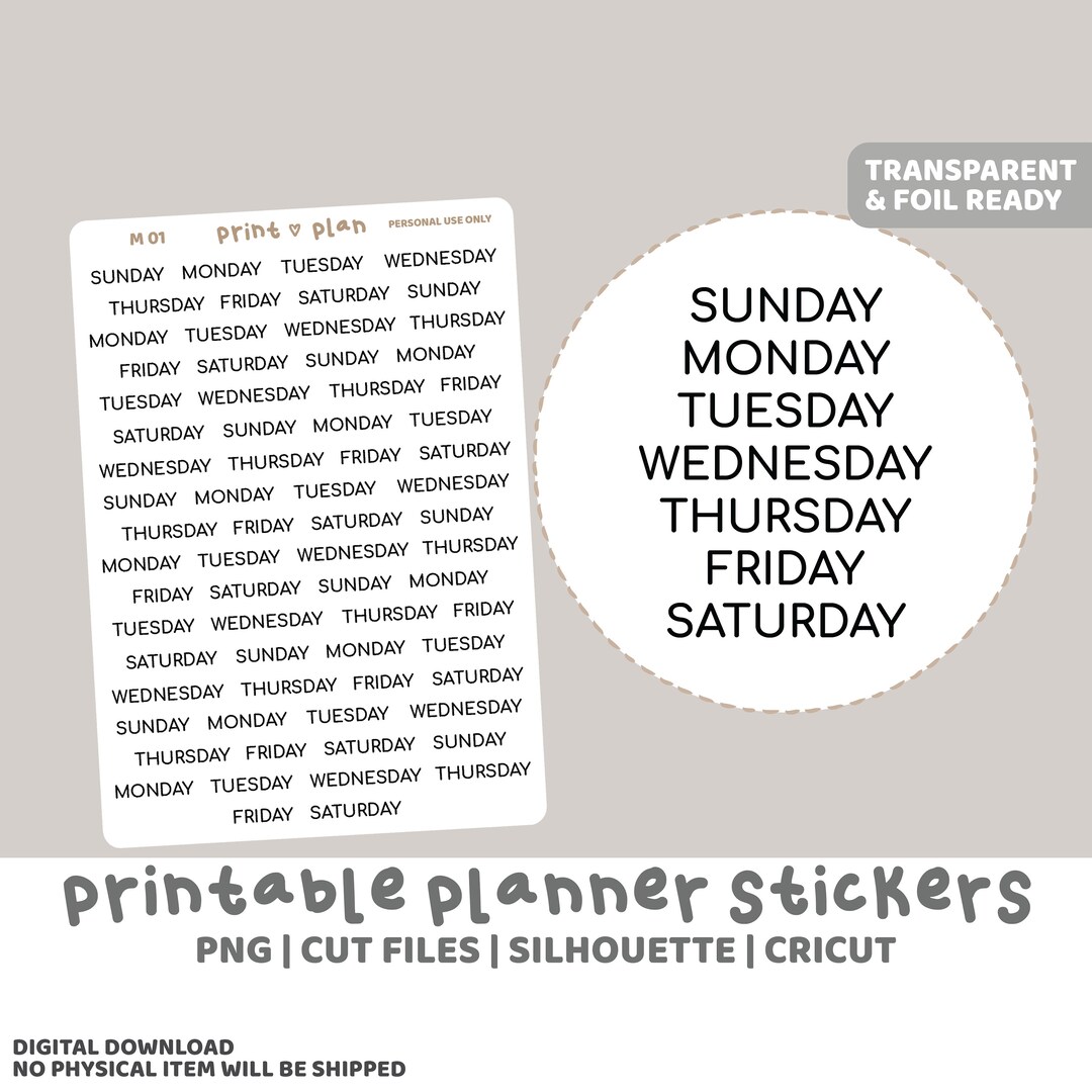 Days Printable Minimal Font Stickers Digital Planner Sticker - Etsy