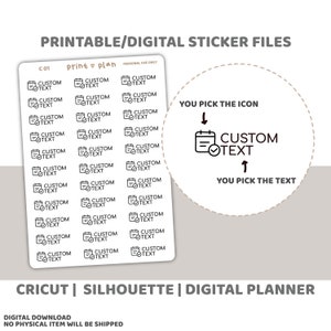 Aangepaste tekst/pictogram afdrukbare stickers | Digitale plannersticker downloaden | Snijlijnen | Plannersticker afdrukbaar | C01