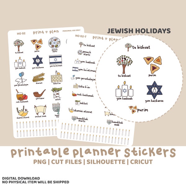 Jewish Holidays Printable Stickers | Digital Planner Sticker Download | Cut Lines | Planner Sticker Printable | HO02