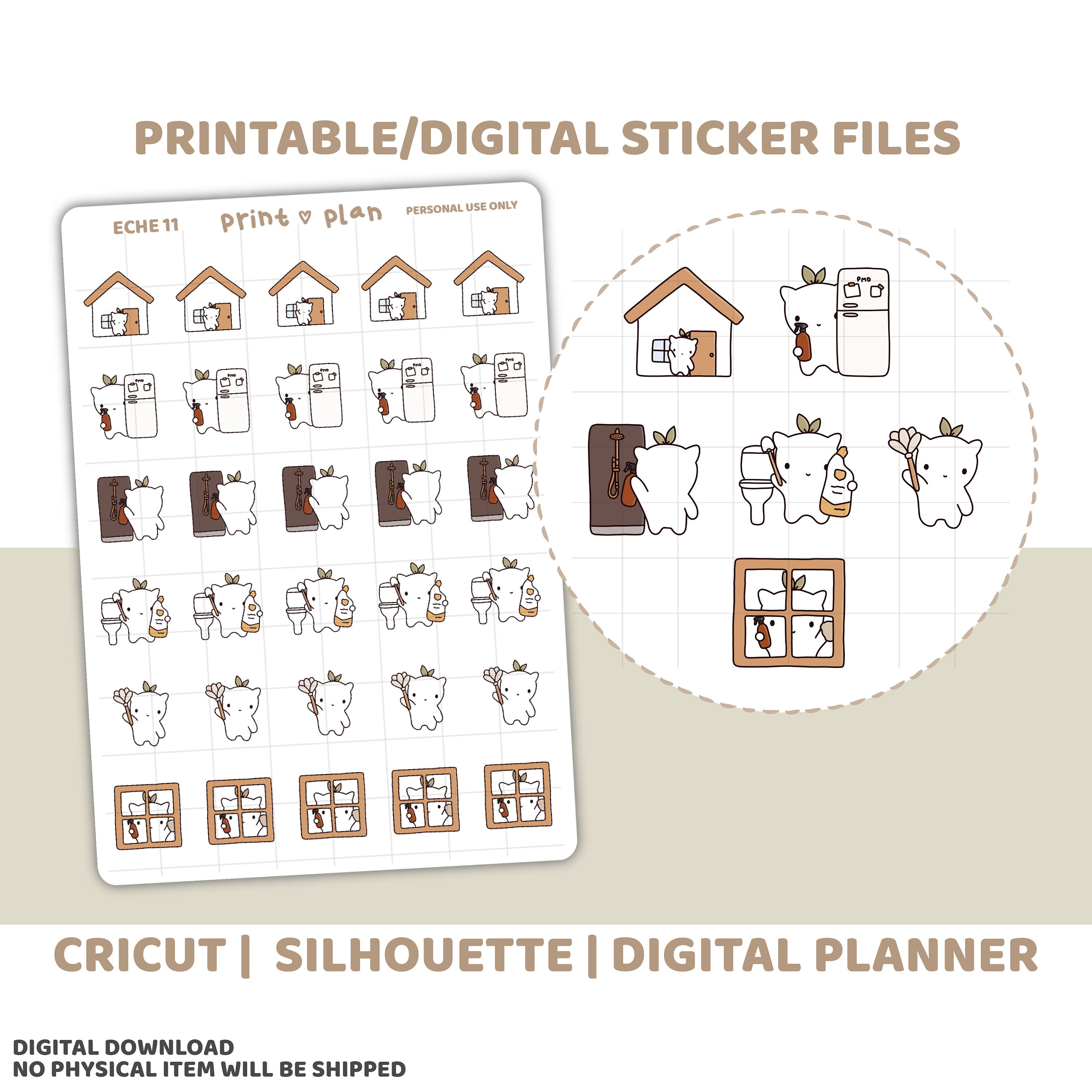 House Cleaning Printable Eche Character Stickers Digital Planner ...