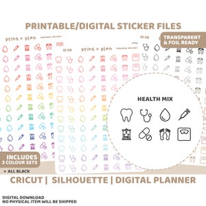 Health Icon Printable Stickers Digital Planner Sticker Download Cut Lines Planner Sticker Printable DI08 image 1