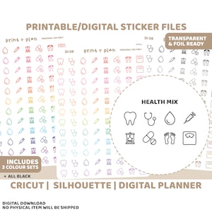 Health Icon Printable Stickers | Digital Planner Sticker Download | Cut Lines | Planner Sticker Printable | DI08