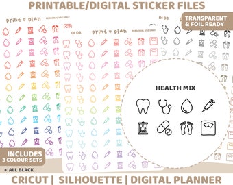 Health Icon Printable Stickers | Digital Planner Sticker Download | Cut Lines | Planner Sticker Printable | DI08