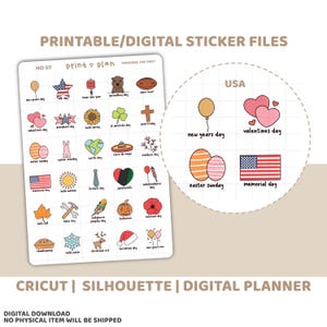 Pegatinas imprimibles de vacaciones en EE. UU. / Descarga de pegatinas digitales para planificadores / Líneas de corte / Pegatinas imprimibles para planificadores / HO07