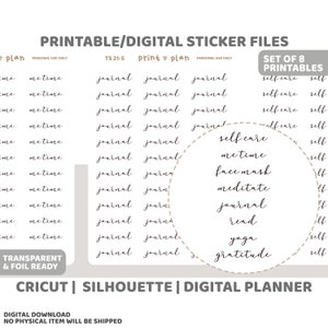Puede incluir: Archivos de pegatinas digitales imprimibles con texto escrito a mano. Las pegatinas incluyen palabras como "journal", "metime" y "selfcare". La imagen también incluye el texto "Cricut | Silhouette | Digital Planner".