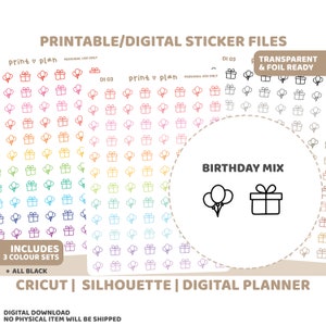 Birthday Icon Printable Stickers Digital Planner Sticker Download Cut Lines Planner Sticker Printable DI03 image 1