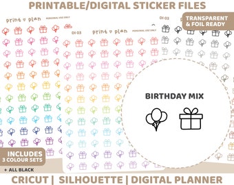 Birthday Icon Printable Stickers | Digital Planner Sticker Download | Cut Lines | Planner Sticker Printable | DI03