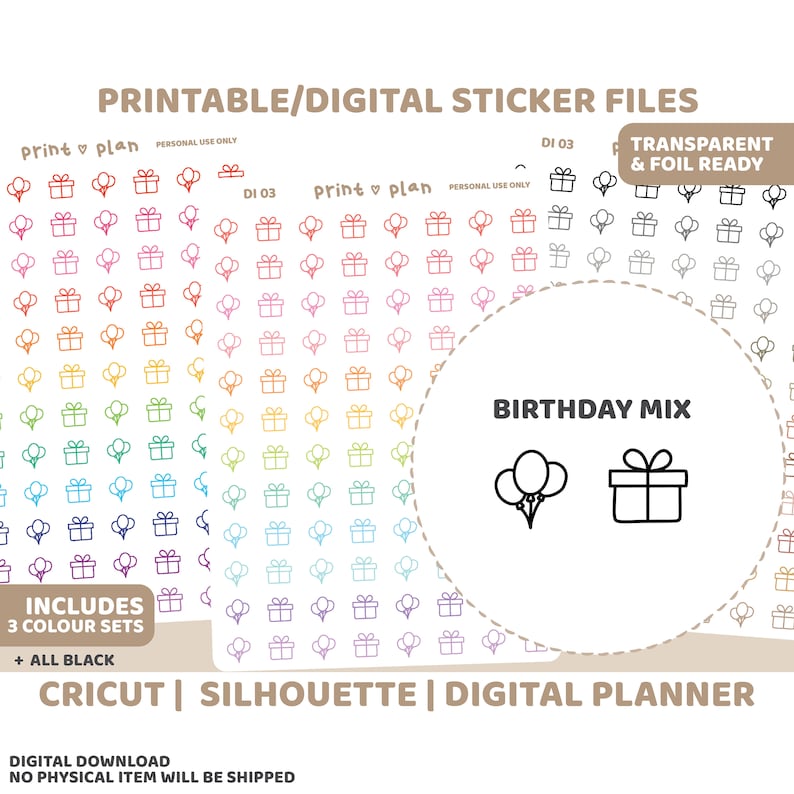 Birthday Icon Printable Stickers Digital Planner Sticker Download Cut Lines Planner Sticker Printable DI03 image 1