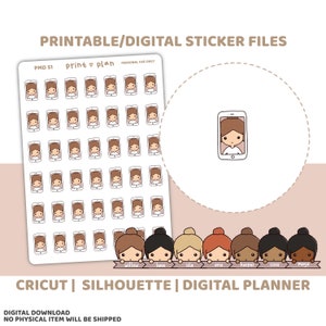 May include: Digital sticker sheet featuring a repeating pattern of cartoon characters holding phones. The image includes a larger circular illustration of a single character in a phone. Text includes "Printable/Digital Sticker Files" and "Cricut | Silhouette | Digital Planner".