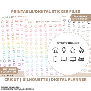 Stromrechnungen Printable Doodle Icon Aufkleber | Digitaler Planer Sticker Download | Schnittlinien | Planner Sticker Printable | DI02