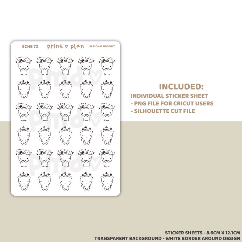 May include: A sticker sheet featuring a grid of small, cartoonish characters with crowns and expressive faces. The sheet includes the text "ECHE 72 print plan PERSONAL USE ONLY" and "INCLUDED: INDIVIDUAL STICKER SHEET - PNG FILE FOR CRICUT USERS - SILHOUETTE CUT FILE". The sticker sheet measures 3.38 inches by 4.76 inches.