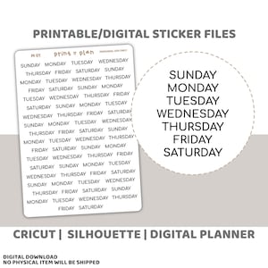 Tage Druckbare Minimal Schrift Aufkleber | Digitaler Planer Sticker Download | Schnittlinien | Planner Sticker Printable | M01
