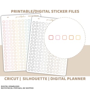 Puede incluir: Dos hojas de pegatinas con contornos cuadrados en un degradado de colores, del rosa al amarillo. El texto "PRINTABLE/DIGITAL STICKER FILES" y "CRICUT | SILHOUETTE | DIGITAL PLANNER" son visibles. Las pegatinas son para uso digital.