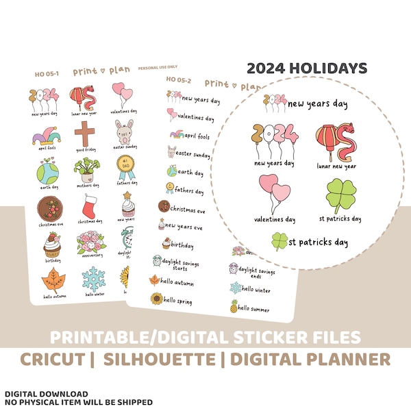 2024 Holidays Printable Stickers | Digital Planner Sticker Download | Cut Lines | Planner Sticker Printable | HO05