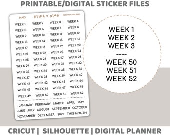 52 Weeks Printable Minimal Font Stickers | Digital Planner Sticker Download | Cut Lines | Planner Sticker Printable | M03