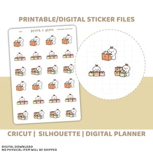 May include: Printable digital sticker sheet featuring a repeating pattern of a cartoon character with a heart-shaped head carrying and stacking boxes. The sheet includes the text "Printable/Digital Sticker Files", "CRICUT | SILHOUETTE | DIGITAL PLANNER", and "DIGITAL DOWNLOAD NO PHYSICAL ITEM WILL BE SHIPPED".