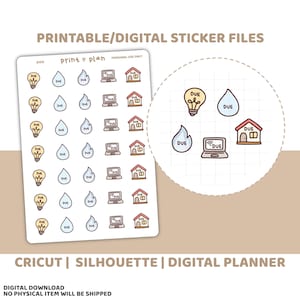 May include: A sheet of printable digital stickers with various icons, including light bulbs, water droplets, laptops, and houses. Each icon has the word "DUE" written on it. The text "PRINTABLE/DIGITAL STICKER FILES" is at the top.