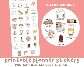 Wacky January Printable Stickers | Digital Planner Sticker Download | Cut Lines | Planner Sticker Printable | WH01