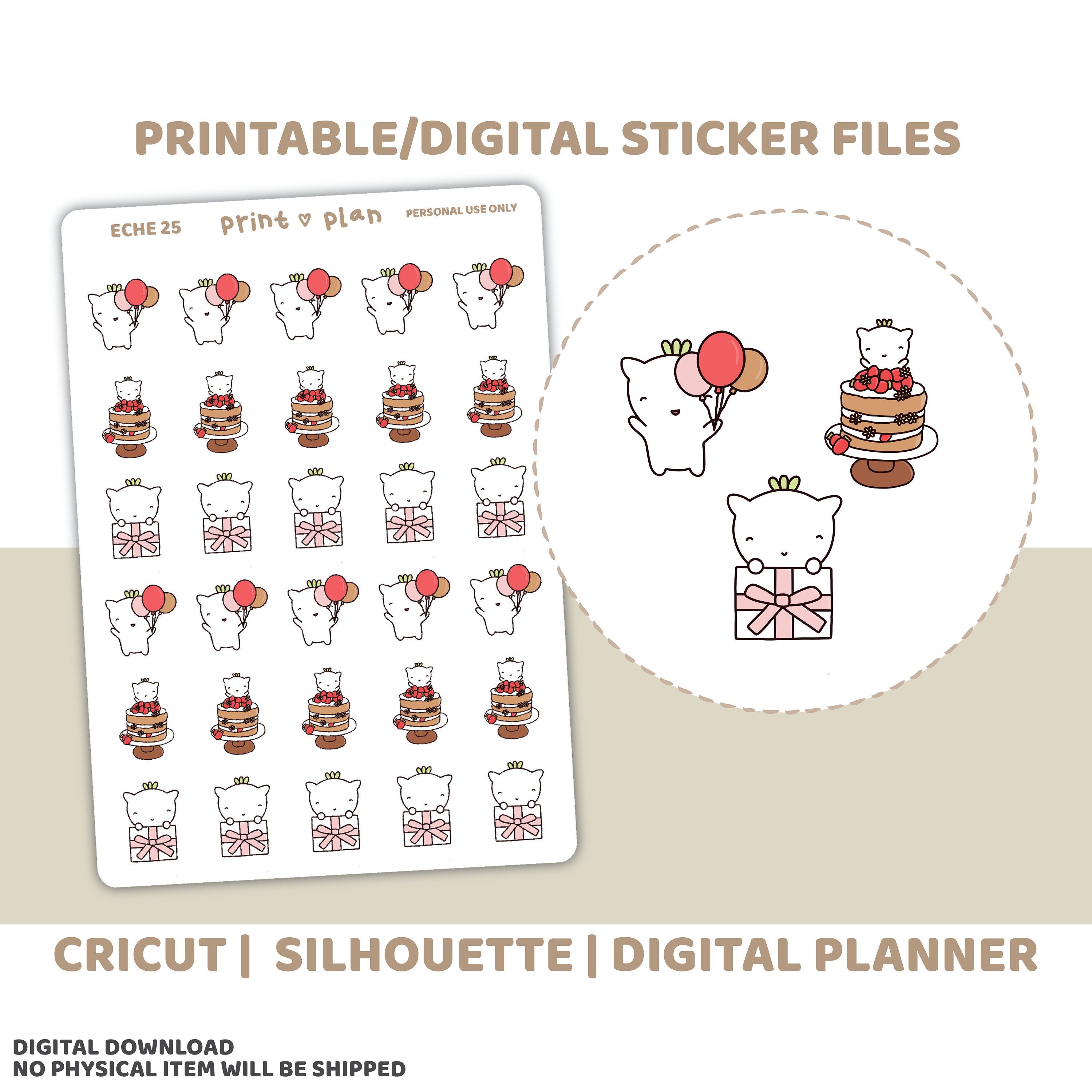 Birthday Printable Eche Character Stickers | Digital Planner Sticker Download | Cut Lines | Planner Sticker Printable | ECHE25