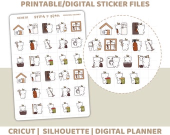 Household Chores Printable Eche Character Stickers | Digital Planner Sticker Download | Cut Lines | Planner Sticker Printable | ECHE01