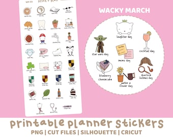 Wacky March Printable Stickers | Digital Planner Sticker Download | Cut Lines | Planner Sticker Printable | WH03