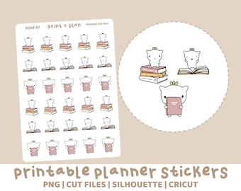 Books Printable Eche Character Stickers | Digital Planner Sticker Download | Cut Lines | Planner Sticker Printable | ECHE67