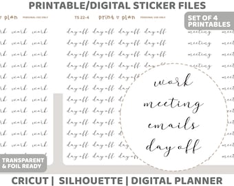 Work Script Set of 4 Printable Word Stickers | Digital Planner Sticker Download | Cut Lines | Planner Sticker Printable | TS22