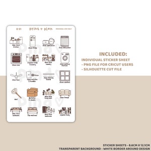 May include: A sticker sheet with various cleaning-themed illustrations, including a kitchen, fridge, and washing machine. The sheet also includes text that says "Print & Plan" and "Included: Individual Sticker Sheet, PNG file for Cricut users, Silhouette cut file."