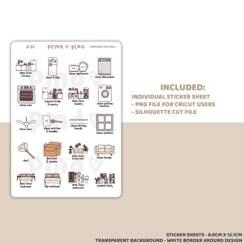 May include: A sticker sheet with various cleaning-themed illustrations, including a kitchen, fridge, and washing machine. The sheet also includes text that says "Print & Plan" and "Included: Individual Sticker Sheet, PNG file for Cricut users, Silhouette cut file."