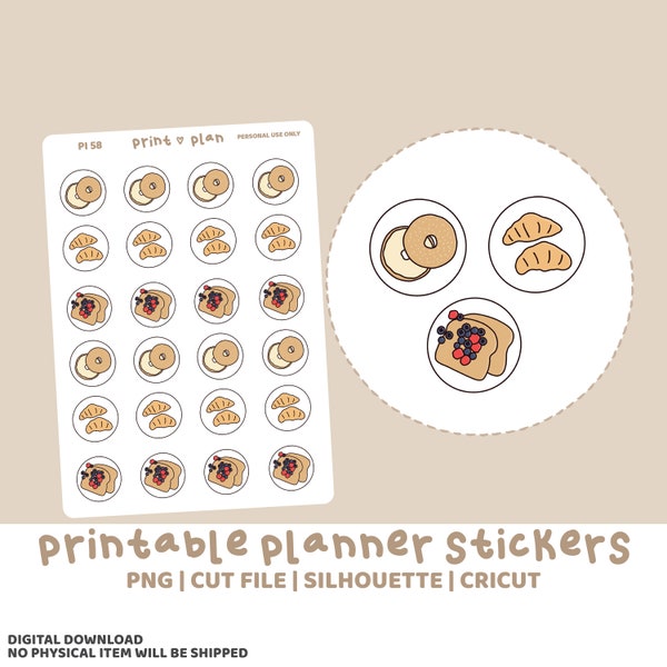 Bagel, Croissant & French Toast Printable Stickers | Digital Planner Sticker Download | Cut Lines | Planner Sticker Printable | PI58