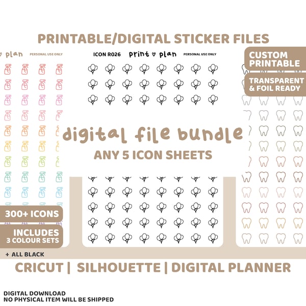 Any 5 Custom Mini Outline Icon Printable Stickers | Digital Planner Sticker Download | Cut Lines | Planner Sticker Printable | ICON R000-B