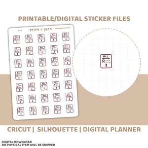 May include: A sheet of white stickers with a brown outline of a bill icon. The stickers are labeled "BILL" with a dollar sign. The text "PRINTABLE/DIGITAL STICKER FILES" is at the top. The stickers are for digital planners.