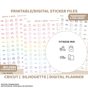Adesivi stampabili con icone di fitness / Adesivi per pianificatore digitale da scaricare / Linee di taglio / Adesivi per pianificatore stampabili / DI11