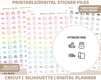 Fitness Symbol Printable Aufkleber | Digitaler Planer Sticker Download | Schnittlinien | Planner Sticker Printable | DI11