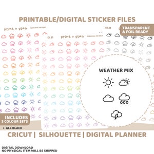 Stickers icônes météo imprimables | Sticker agenda numérique à télécharger | Lignes de coupe | Sticker agenda imprimable | DI21