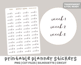 52 Weeks Printable Thin Script Word Stickers | Digital Planner Sticker Download | Cut Lines | Planner Sticker Printable | TS03