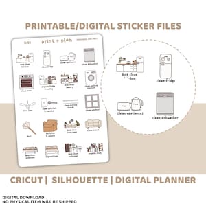 Autocollants imprimables pour le ménage de printemps | Sticker agenda numérique à télécharger | Lignes de coupe | Sticker agenda imprimable | D51