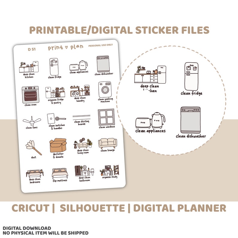 May include: A printable sticker sheet with hand-drawn illustrations of cleaning tasks. The sheet includes images of a kitchen, fridge, appliances, and other household items. Text includes "Print & Plan" and "Digital Download".