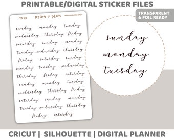 Days Printable Thin Script Word Stickers | Digital Planner Sticker Download | Cut Lines | Planner Sticker Printable | TS02