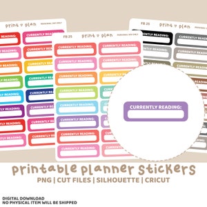以下が含まれることがあります： 様々な色の「Currently Reading」とラベル付けされた、印刷可能なプランナーステッカー。 ステッカーは角が丸い長方形で、書き込むための白いスペースがあります。 画像には「Printable planner stickers」というテキストが含まれています。