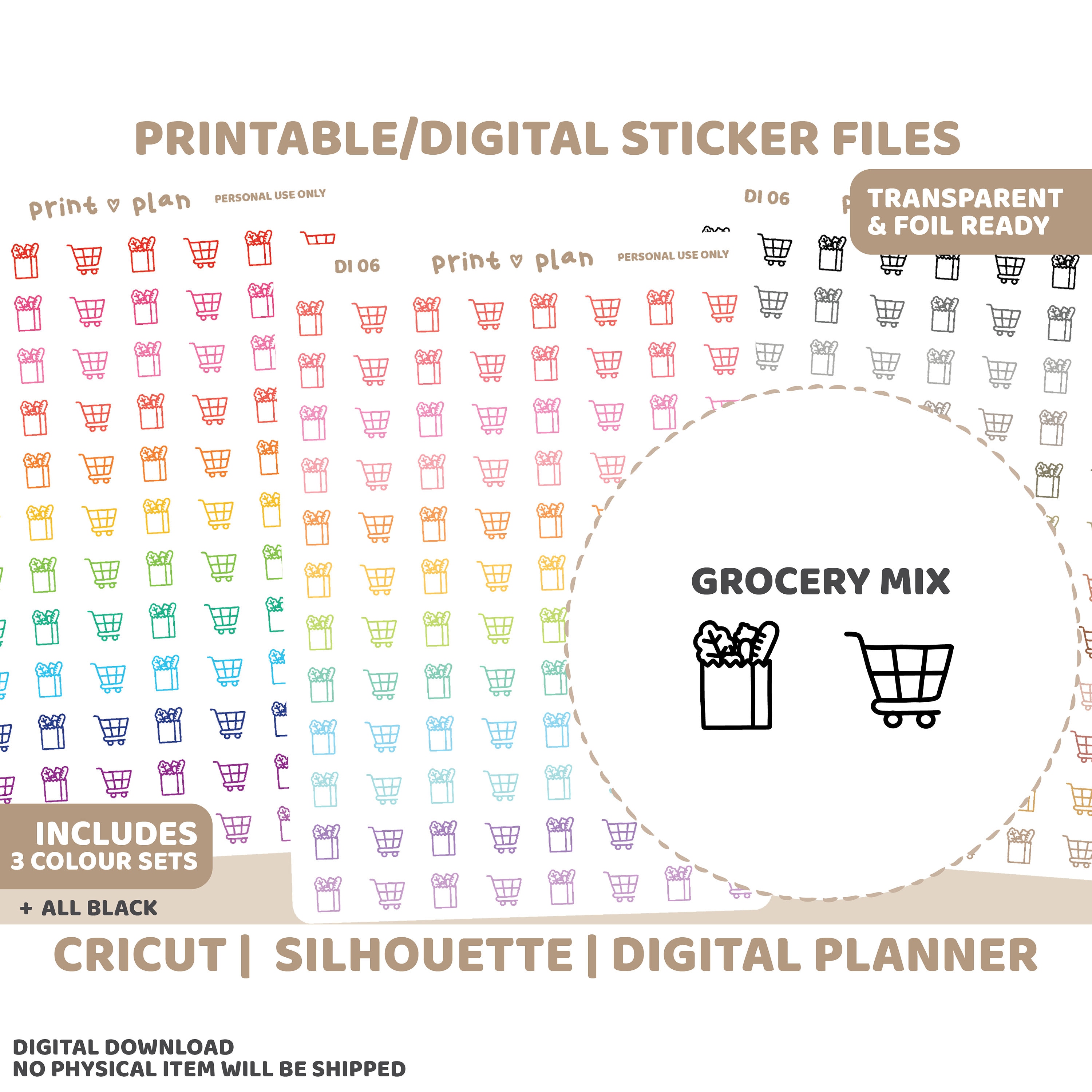Grocery Icon Printable Stickers | Digital Planner Sticker Download ...