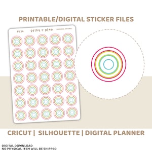 Puede incluir: Hoja de pegatinas imprimibles con círculos concéntricos en rosa, verde, azul y amarillo. Las pegatinas están sobre un fondo blanco. El texto dice "Printable/Digital Sticker Files". El texto adicional incluye "Cricut | Silhouette | Digital Planner".