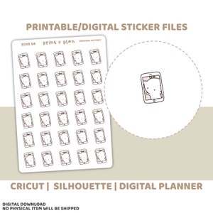 Peut inclure: Feuille d'autocollants blancs avec un motif répété d'un smartphone affichant un visage de chat. Les autocollants sont étiquetés "ECHE 54" et "Print plan". Le texte "Printable/Digital Sticker Files" et "Cricut | Silhouette | Digital Planner" sont également visibles.